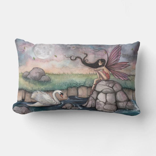 The Meeting Place Fairy and Swan Fantasy Art Lumbar Cushion (Front)