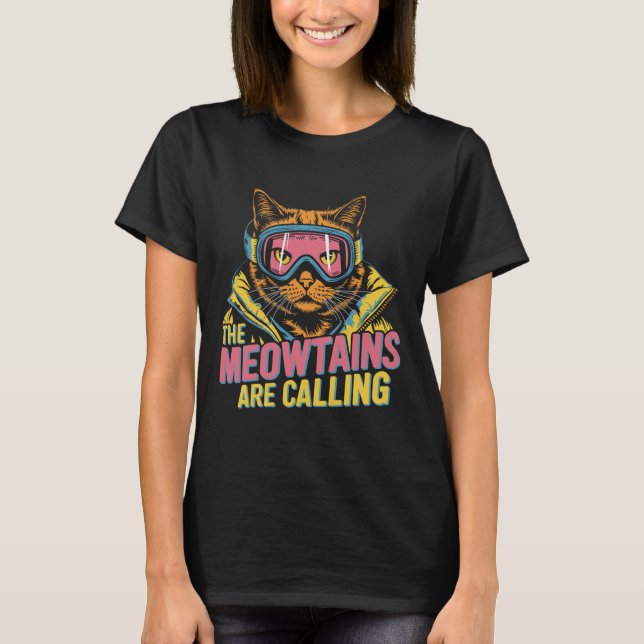 The Meowtains Are Calling Cat Snowboard Ski Kids M T-Shirt (Front)
