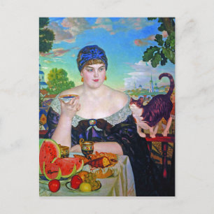 The Merchant's Wife & Cat by Boris Kustodiev Postcard