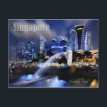 The Merlion and Singapore Skyline Postcard<br><div class="desc">The Merlion in Merlion Park with the Singapore skyline at night in the background.  The Merlion statue has the body of a fish and the head of a lion,  stands at 8.6 metres,  and weighs 70 tons.  Photo by Erwin Soo.</div>