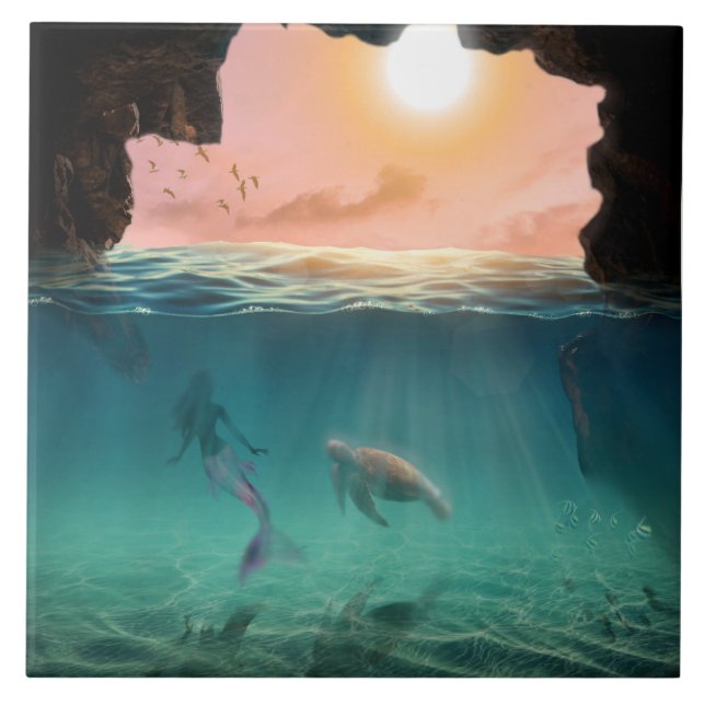 The mermaid and the turtle ceramic tile (Front)