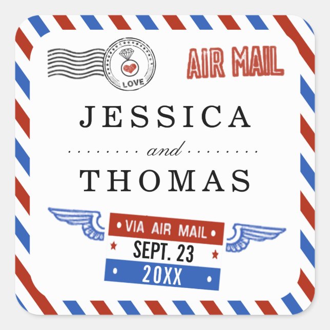 The Modern Airmail Wedding Collection Square Sticker (Front)