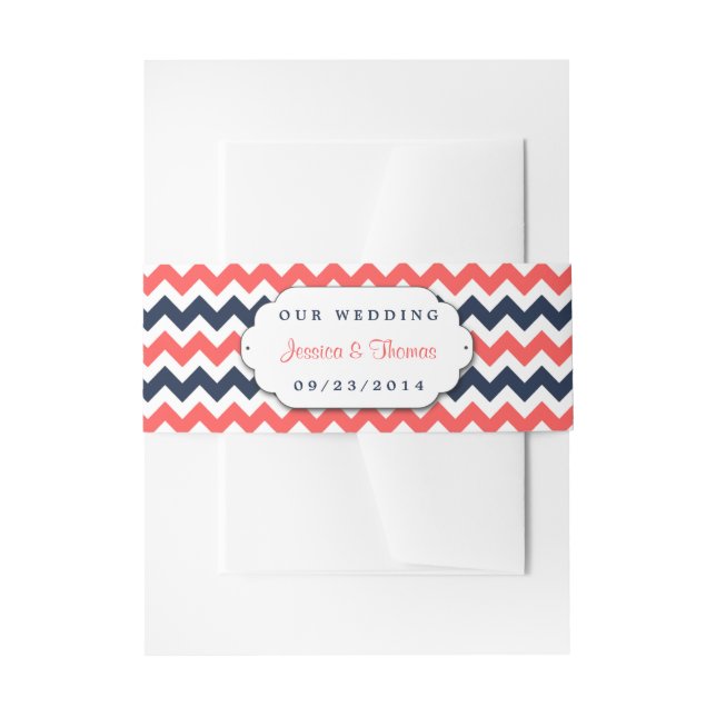 The Modern Chevron Wedding Collection Navy & Coral Invitation Belly Band (Front Example)
