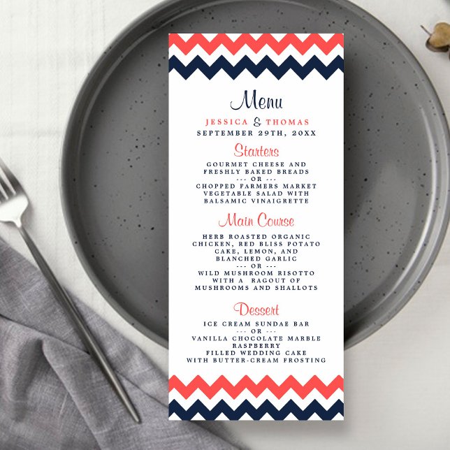 The Modern Chevron Wedding Collection Navy & Coral Menu (Creator Uploaded)
