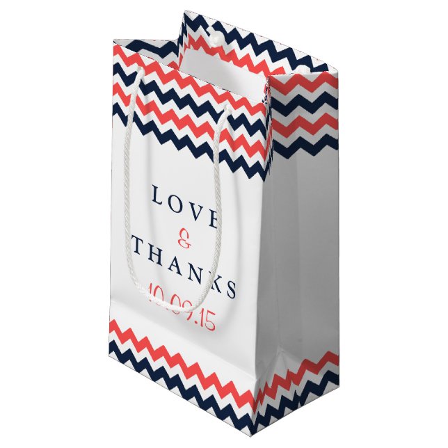 The Modern Chevron Wedding Collection Navy & Coral Small Gift Bag (Front Angled)
