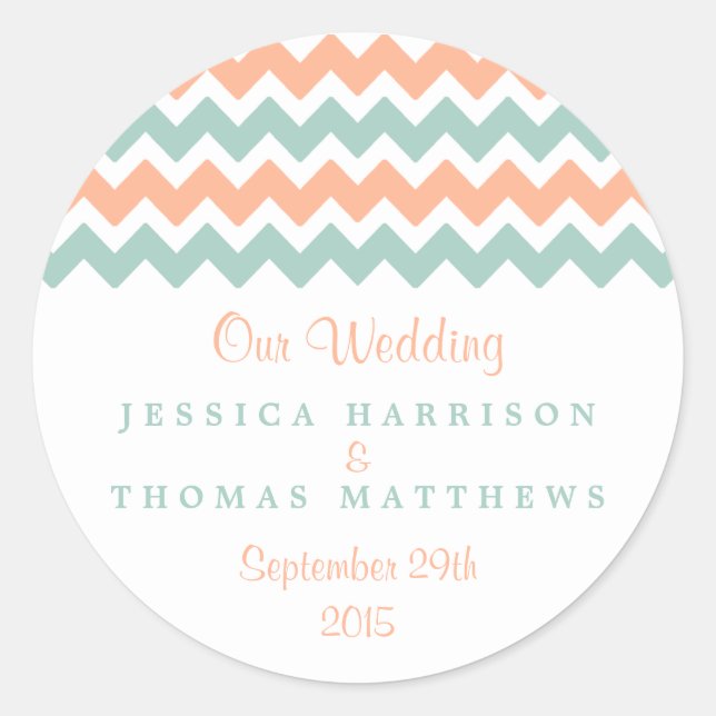 The Modern Chevron Wedding Collection Peach & Mint Classic Round Sticker (Front)