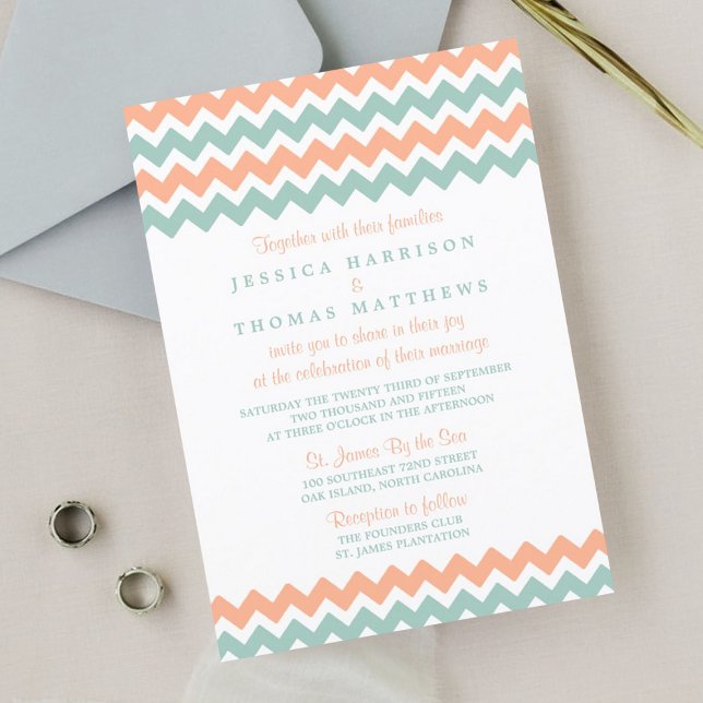 The Modern Chevron Wedding Collection Peach & Mint Invitation (Creator Uploaded)
