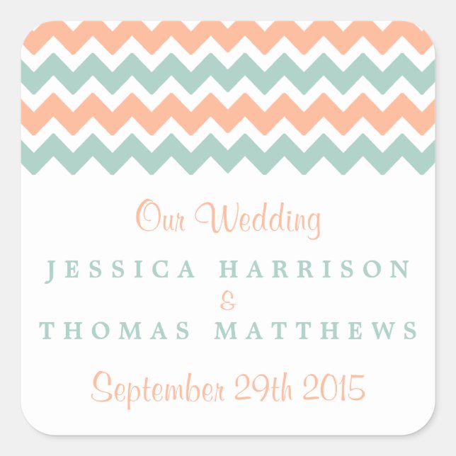 The Modern Chevron Wedding Collection Peach & Mint Square Sticker (Front)