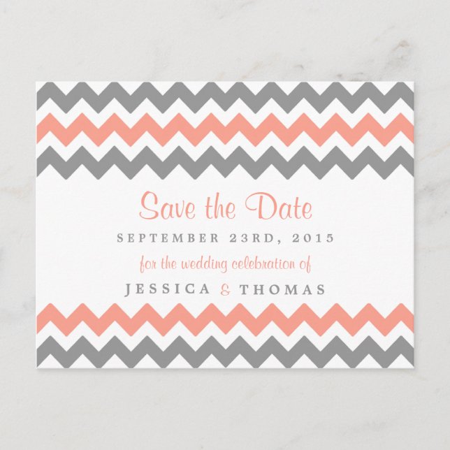 The Modern Chevron Wedding Collection- Pink & Grey Announcement Postcard (Front)