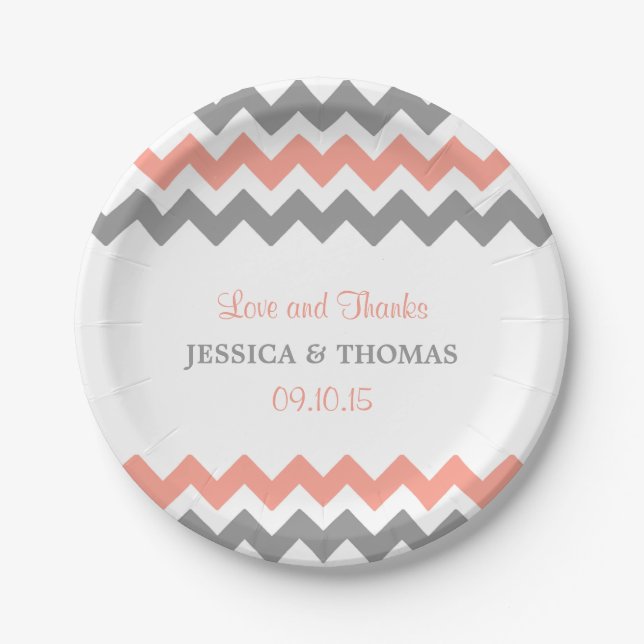 The Modern Chevron Wedding Collection- Pink & Grey Paper Plate (Front)