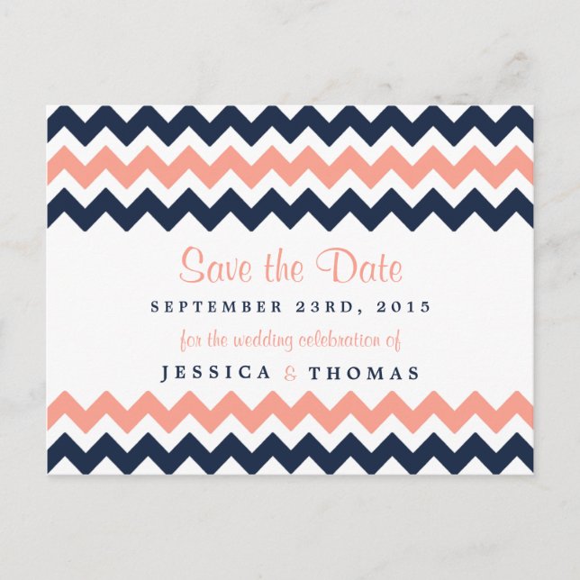 The Modern Chevron Wedding Collection- Pink & Navy Announcement Postcard (Front)