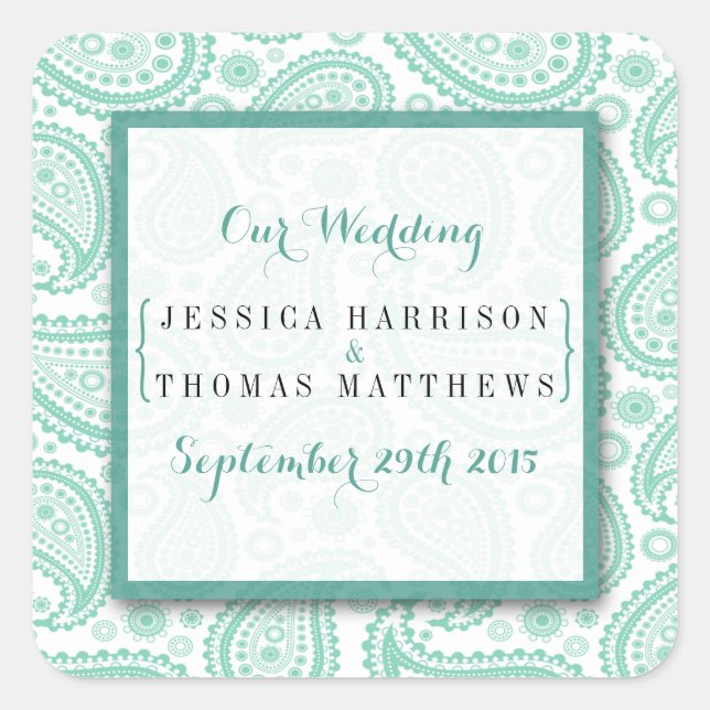 The Modern Paisley Wedding Collection - Green Square Sticker (Front)