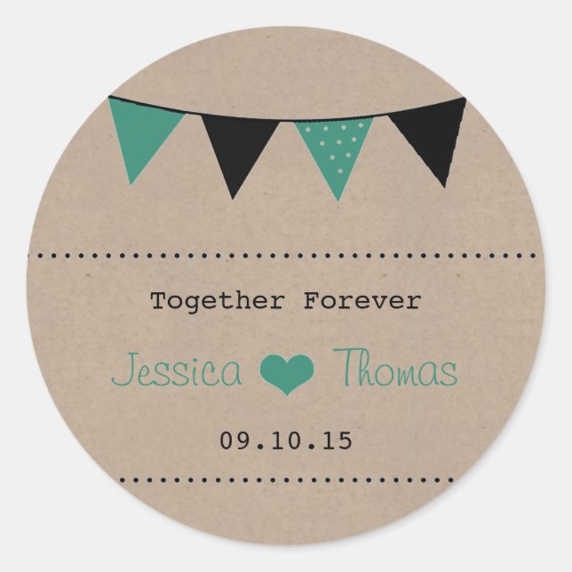The Modern Turquoise Bunting Wedding Collection Classic Round Sticker (Front)