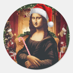 The Mona Lisa celebrating christmas, art christmas Classic Round Sticker
