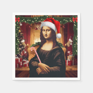 The Mona Lisa celebrating christmas, art christmas Napkin