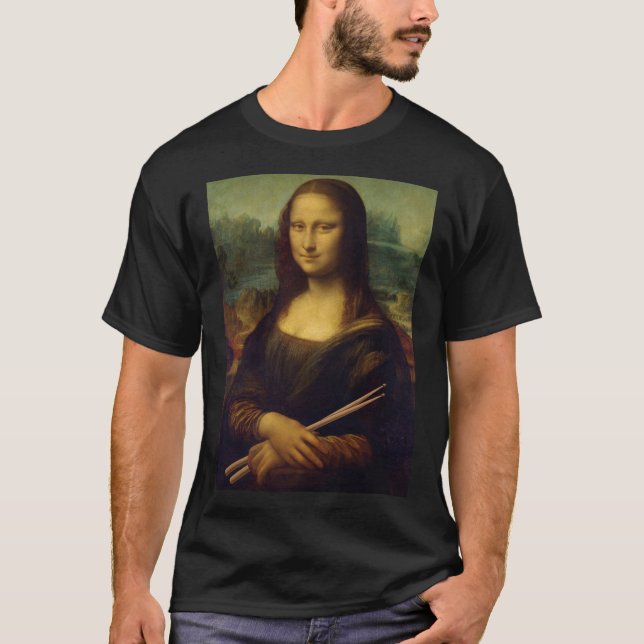 The Mona Lisa Holding Drum Sticks Funny Drummer T-Shirt (Front)