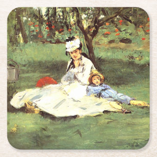 The Monet family in their garden Edouard Manet Square Paper Coaster