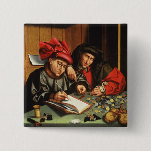 The Money Lenders (oil on oak panel) 15 Cm Square Badge