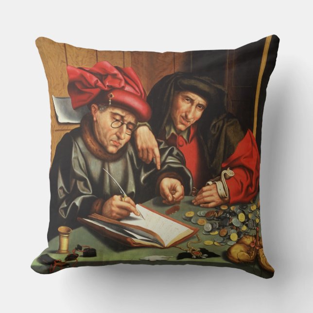 The Money Lenders (oil on oak panel) Cushion (Front)