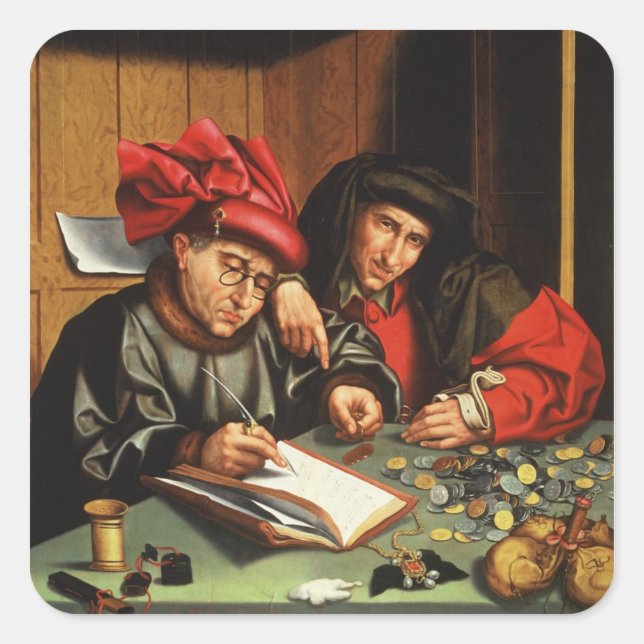 The Money Lenders (oil on oak panel) Square Sticker (Front)