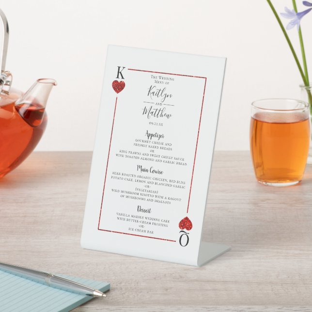 The Monogram Playing Card Wedding Collection Menu Pedestal Sign (In SItu)