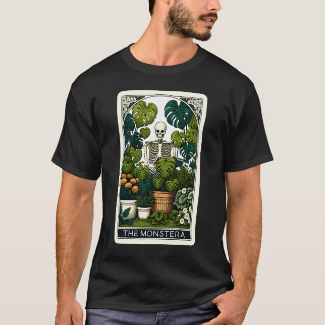 The Monstera Tarot Card Skeleton Gardening T-Shirt (Front)