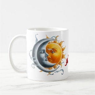 The Moon and the Sun dancing together on a White Coffee Mug