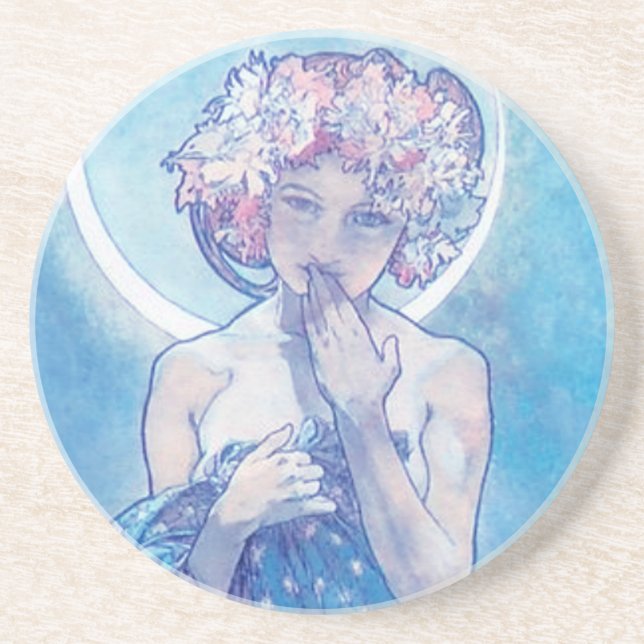 "The Moon" by Mucha, Blue Sandstone Coaster (Front)