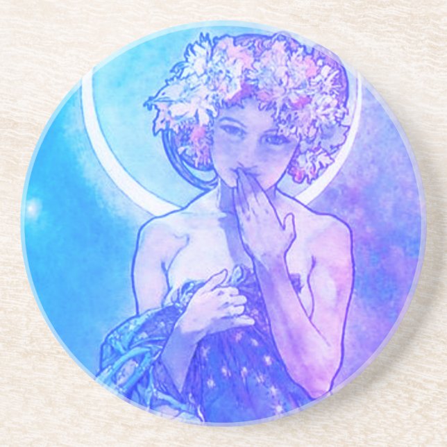 "The Moon" by Mucha, Violet Sandstone Coaster (Front)