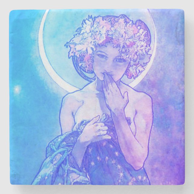"The Moon" by Mucha, Violet Stone Coaster (Front)
