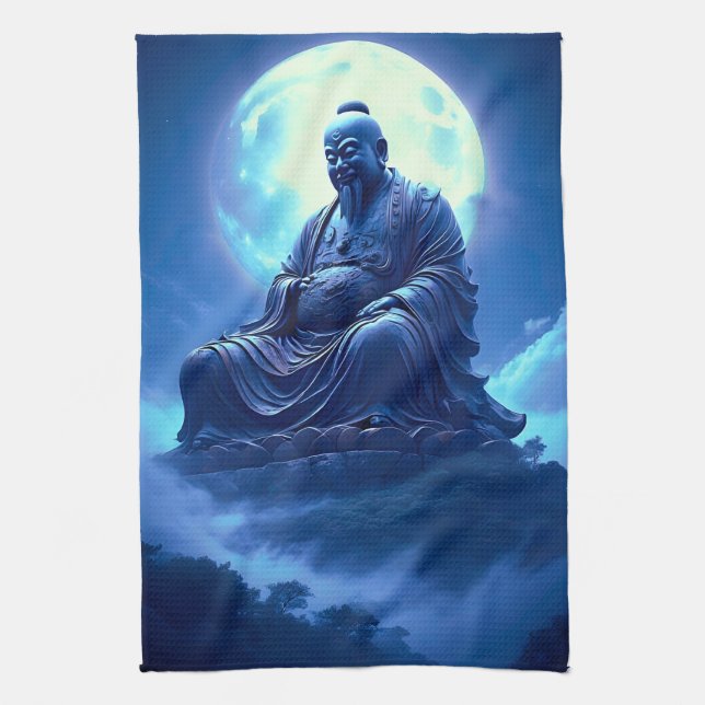 The Moon’s Blessing Over the Celestial Statue Tea Towel (Vertical)