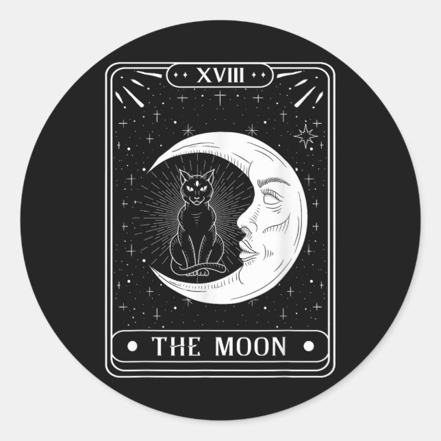 The Moon Tarot Card Crescent Moon And Cat Graphic  Classic Round Sticker (Front)