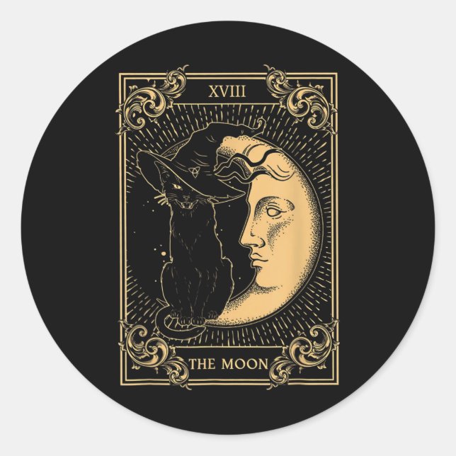 The Moon Tarot Xvii Inspired Black Cat Witch Hat H Classic Round Sticker (Front)