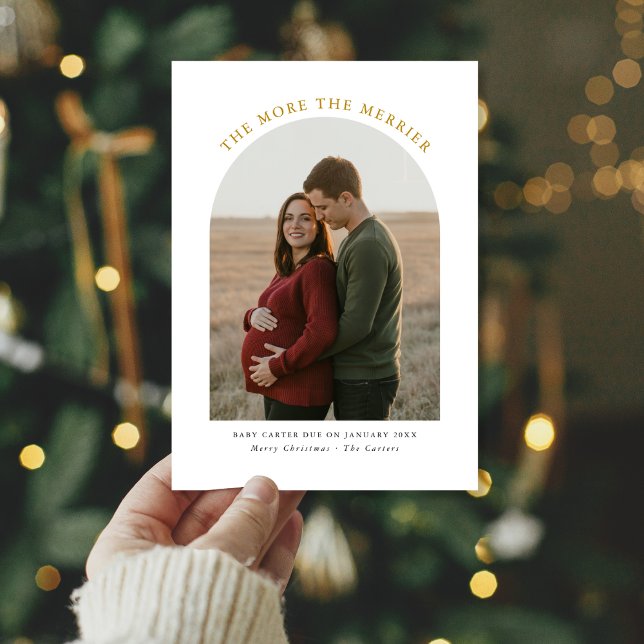 The More The Merrier Arch Christmas Pregnancy Gold Holiday Card (Creator Uploaded)