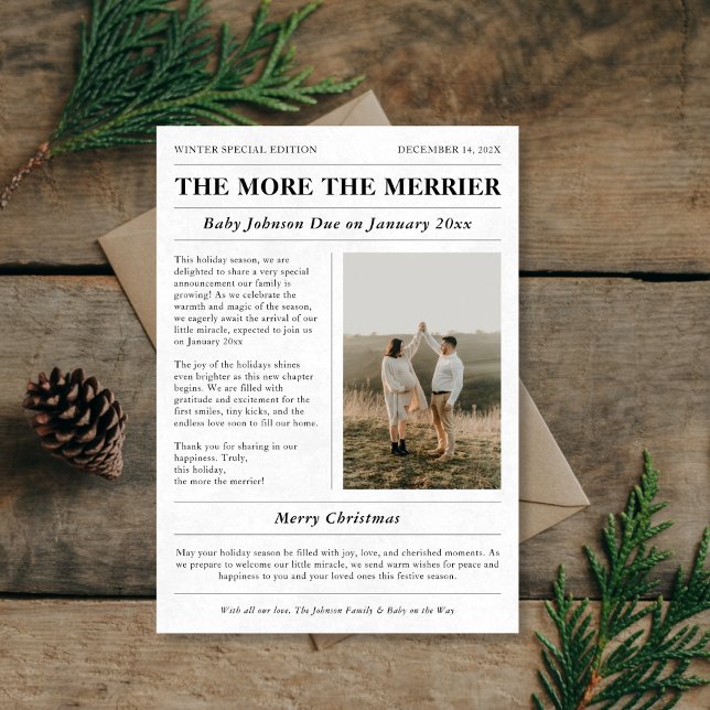 The More The Merrier Newspaper Pregnancy Photo Holiday Card (Creator Uploaded)