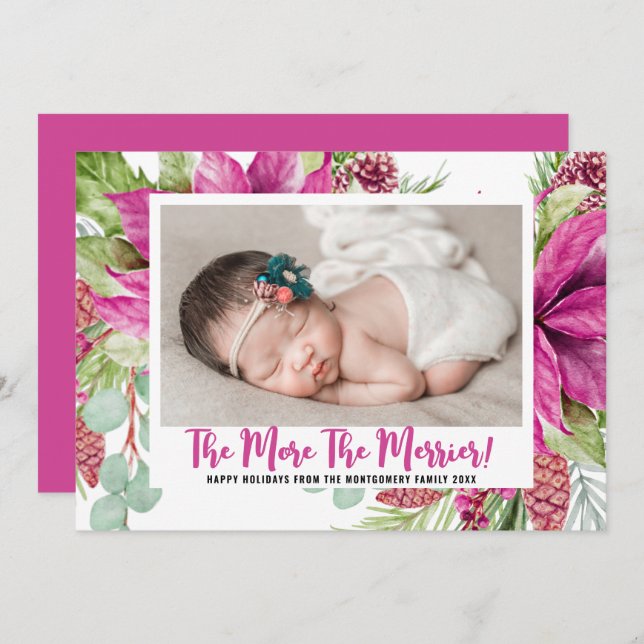 The More The Merrier Poinsettia Photo Holiday Baby Announcement (Front/Back)