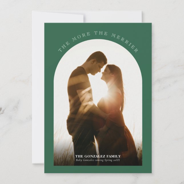 The More the Merrier Pregnancy Modern Photo Green Holiday Card (Front)