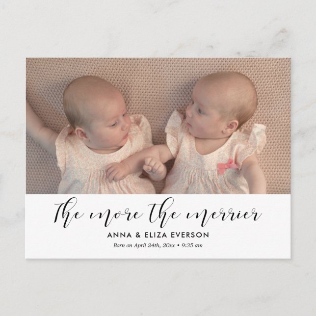 The more the merrier twin birth photo announcement postcard (Front)