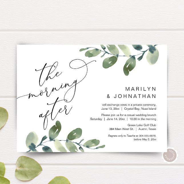The Morning After, Elopement Brunch, Greenery Invitation (The Morning After, Elopement Brunch Party Invitation Card, Greenery Eucalyptus, Digital Download)