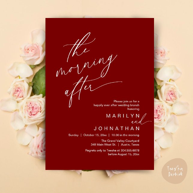 The Morning After, Happily Ever After Brunch Invitation (The Morning After, Happily Ever After Brunch Invites Card PDF Romantic Aesthetic Burgundy Wine Red)