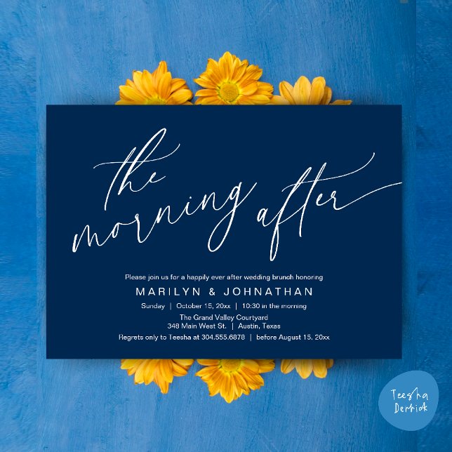 The Morning After, Happily Ever After Brunch Invitation (The Morning After, Happily Ever After Brunch Invites Card PDF Romantic Aesthetic Navy Blue)