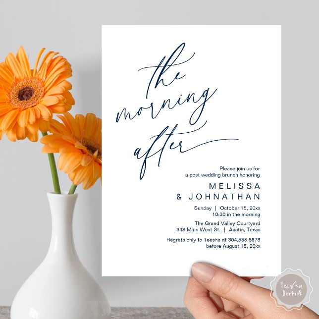 The Morning After, Happily Ever After Brunch Invitation (The Morning After Modern Romantic Post Wedding Elopement Brunch Invitation Card PDF in Navy Blue)