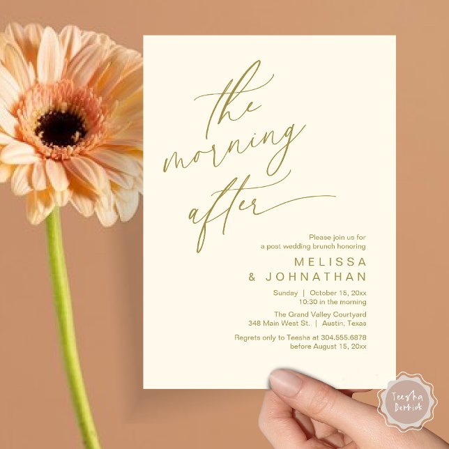 The Morning After, Happily Ever After Brunch Invitation (The Morning After Modern Romantic Post Wedding Elopement Brunch Invitation Card PDF in Yellow Gold)