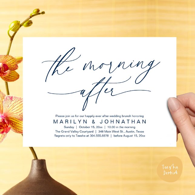 The Morning After Modern Wedding Elopement Brunch Invitation (The Morning After Modern Romantic Post Wedding Elopement Brunch Invitation Card PDF in Navy Blue)