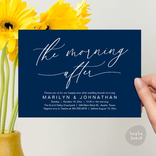 The Morning After Modern Wedding Elopement Brunch Invitation (The Morning After Modern Romantic Post Wedding Elopement Brunch Invitation Card PDF in Navy Blue)