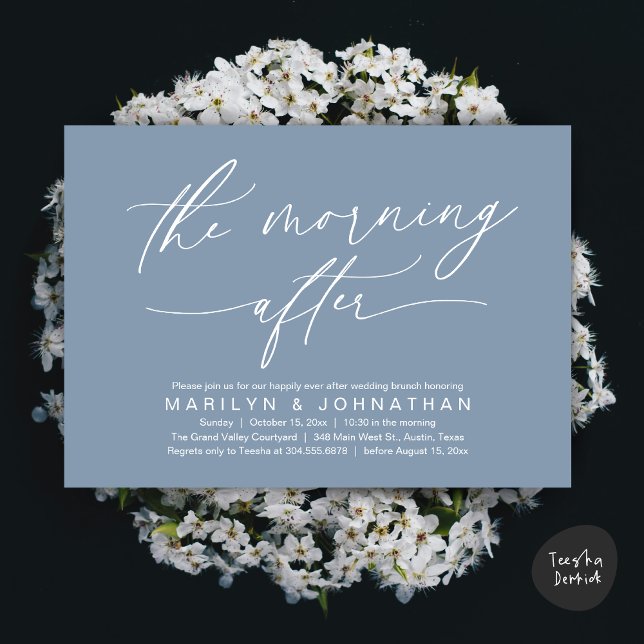 The Morning After Modern Wedding Elopement Brunch Invitation (The Morning After Modern Romantic Post Wedding Elopement Brunch Invitation Card PDF in Dusty Blue)