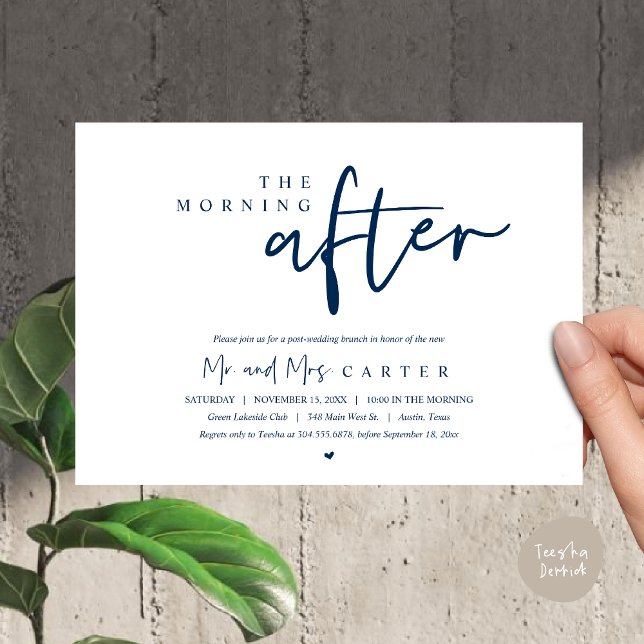 The morning after, post wedding brunch celebration invitation (The Morning After, Post Wedding Brunch Invitation Card PDF Beautiful Summer Classy Navy Blue)