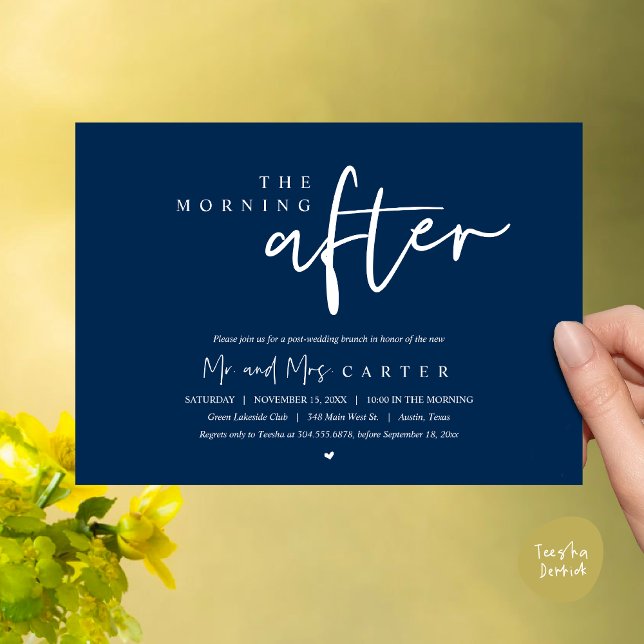 The morning after, post wedding brunch celebration invitation (The Morning After, Post Wedding Brunch Invitation Card PDF Beautiful Summer Classy Navy Blue)