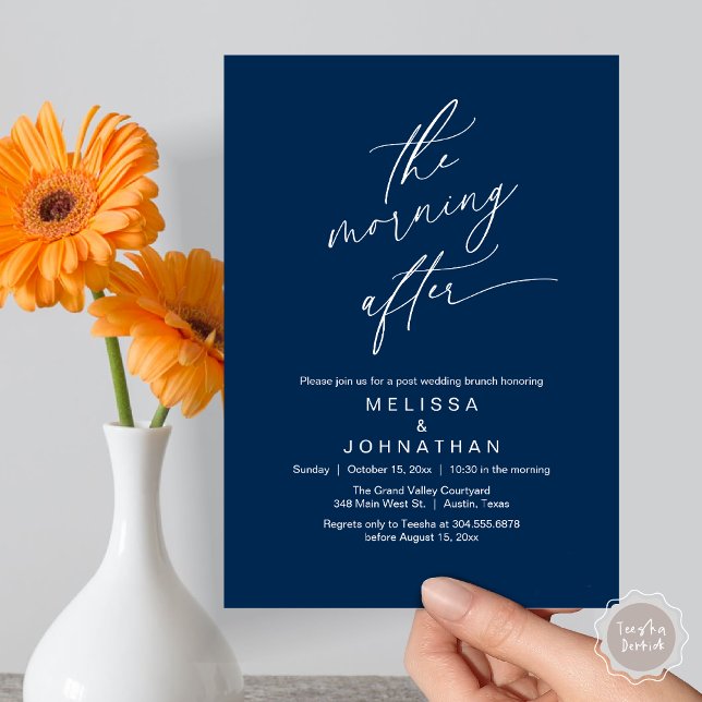 The Morning After, Romantic Post Wedding Brunch Invitation (The Morning After Modern Romantic Post Wedding Elopement Brunch Invitation Card PDF in Navy Blue)