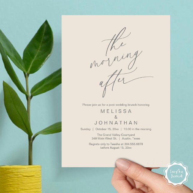 The Morning After, Romantic Post Wedding Brunch Invitation (The Morning After Modern Romantic Post Wedding Elopement Brunch Invitation Card PDF in Cream Grey)